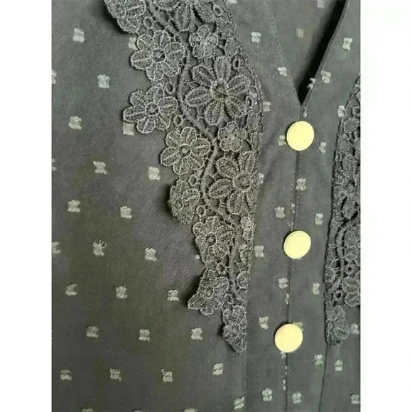 Women's V-Neck Textured Dot Blouse Lace Trim Puff Sleeve Blue S - Picture 5 of 13